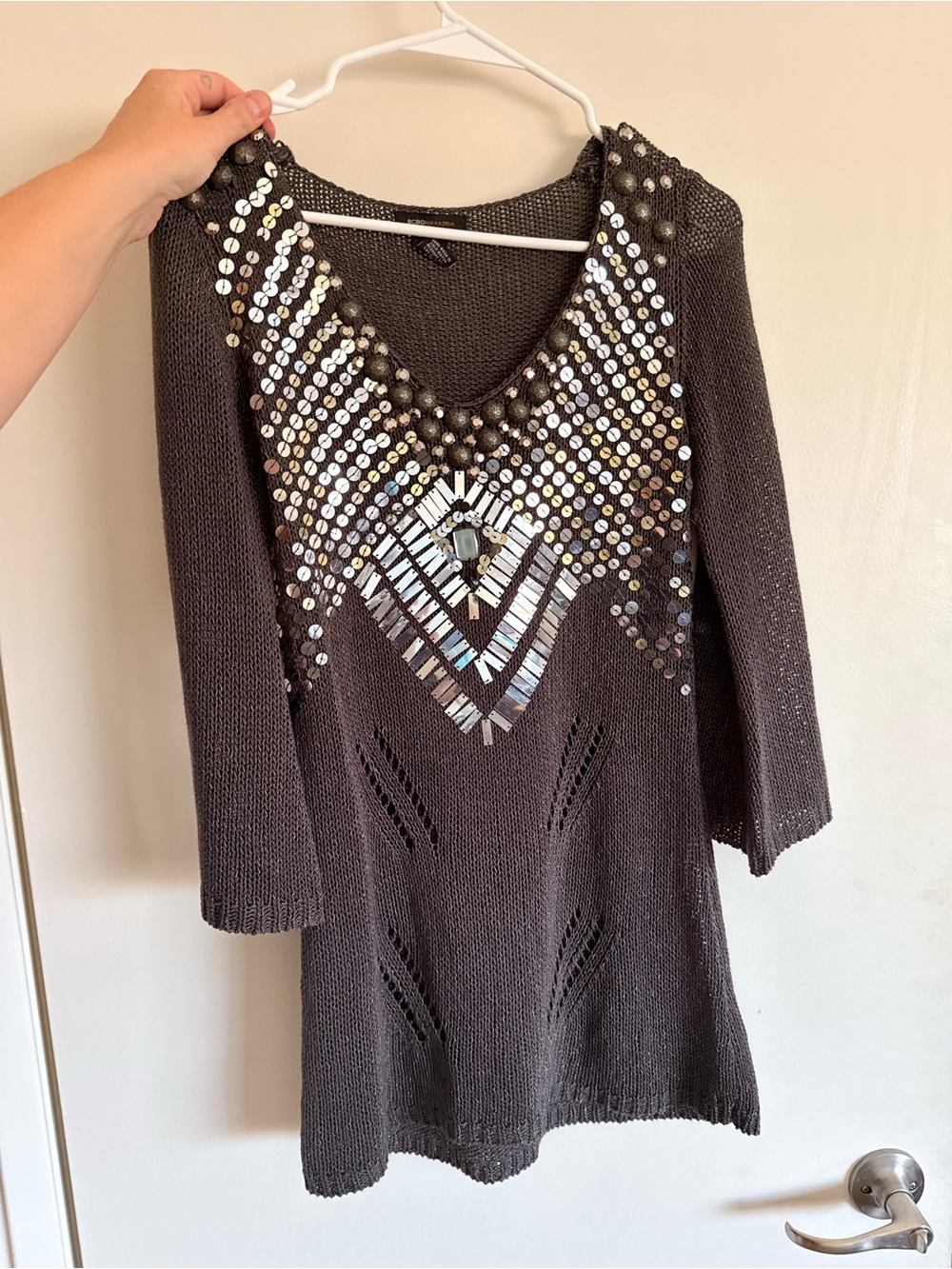 BCBGMaxAzria Brown Embellished V-Neck Knit Shitt